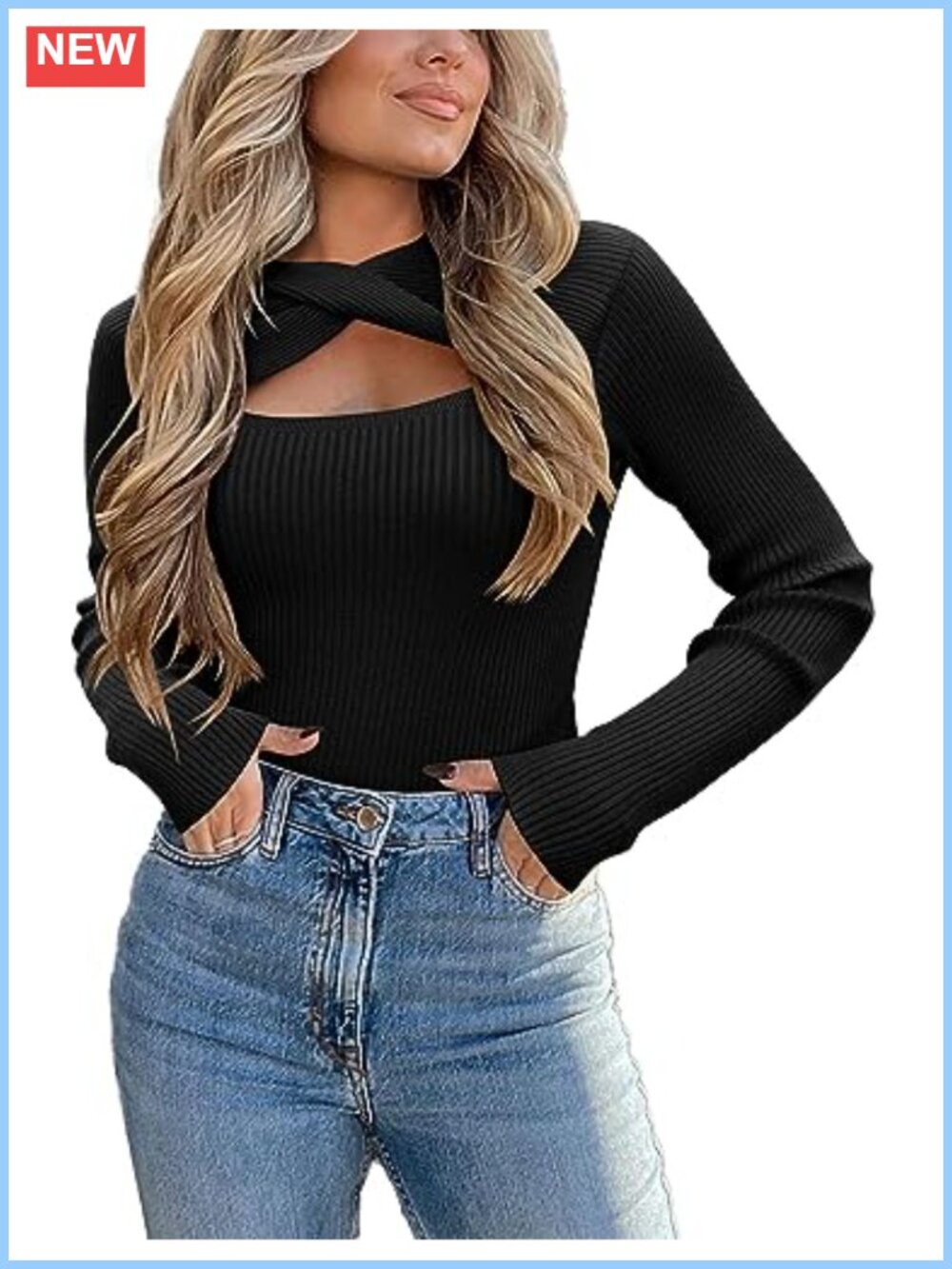 Womens Long Sleeve Cutout Pullover Sweater Slim Fit Knit Crew Neck Top